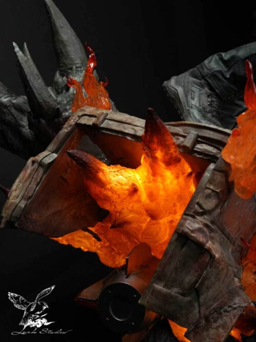 Close-up of the shattered warhead crate on the display base with illuminated orange flame effects bursting from inside beneath Leon's black combat boot.