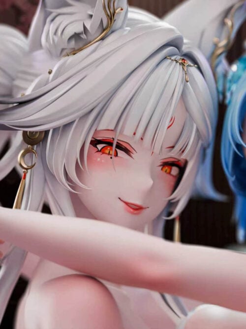 Close-up render centered on the white-haired figure’s face, showing fox ears, pale hair with gold ornaments, red eyes, a small forehead mark, and a crescent-moon earring. The blue-haired figure is partly visible at the right.