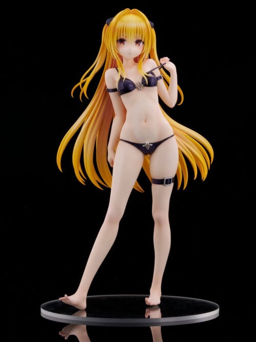 Full-body view of MiLi Studio's 1/6 scale Golden Darkness (Eve) statue from To LOVE-Ru standing barefoot on a glossy black circular base in a dark two-piece swimsuit with silver star clasps.