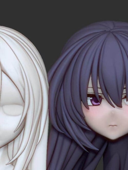 Close-up 3D digital render showing Restia Ashdoll's colored head sculpt with dark purple hair, purple eyes, blushed cheeks, and a subtle pout on the right beside an unpainted grey head sculpt on the left.
