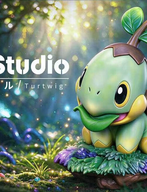 Promotional render of the miumiu Studio Pocket Leisure Time Vol. 10 Turtwig 1/10 figure seated on a grassy base chewing a green leaf against a forest backdrop.