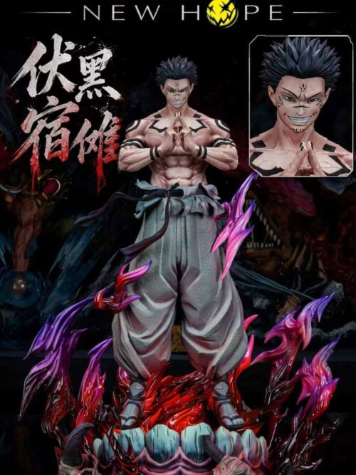 K/DA New Hope Studio Ryomen Sukuna Ten Shadows Technique Shikigami Pro Version statue showing Sukuna in Megumi Fushiguro's body forming a hand sign on a fanged skull and flame base with a portrait inset