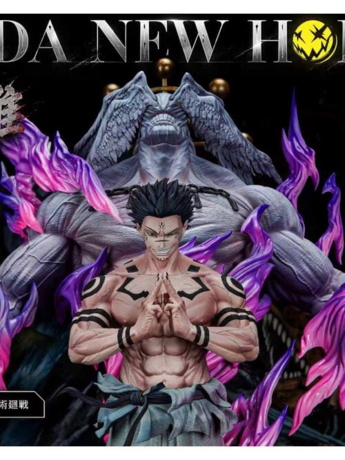 Upper-body view of K/DA New Hope Studio Ryomen Sukuna Pro Max Version statue with Mahoraga rising behind him amidst purple flames and holding its arm blade