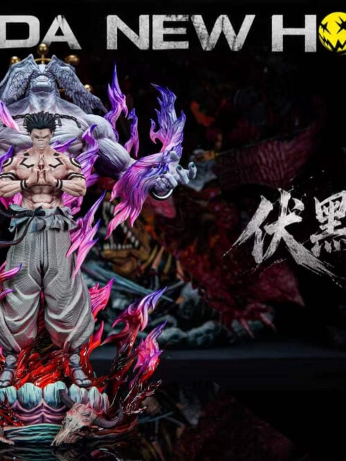 Full view of K/DA New Hope Studio Ryomen Sukuna Ten Shadows Technique Shikigami Pro Max Version statue with Sukuna on a fanged skull and flame base and Mahoraga rising behind him