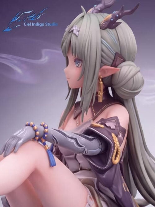 Left-side profile close-up of the Si statue highlighting her pointed ear with a gold drop earring, coiled hair bun, horned head, off-the-shoulder jacket sleeve, and tasseled bead bracelet.