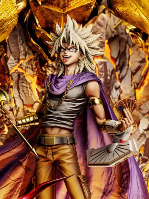 Three-quarter front view of Marik Ishtar in his purple cape holding a gold scepter in his right hand and fanned cards above his Duel Disk in his left hand before the gold legs of The Winged Dragon of Ra