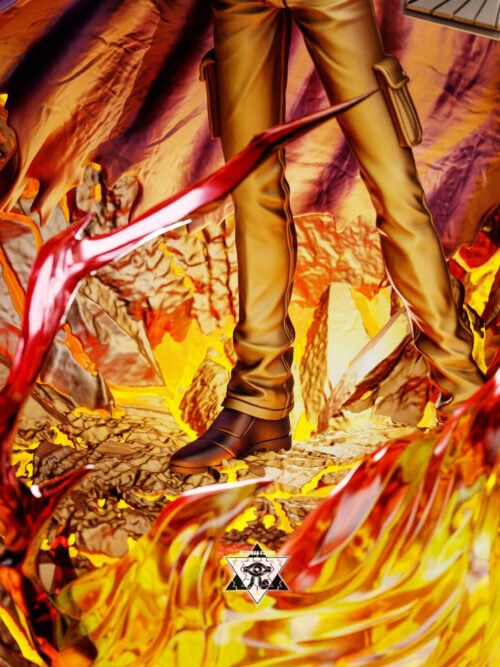 Close-up of Marik Ishtar's lower legs and boots standing on fractured rock with glowing lava cracks, translucent flames, and crimson spikes