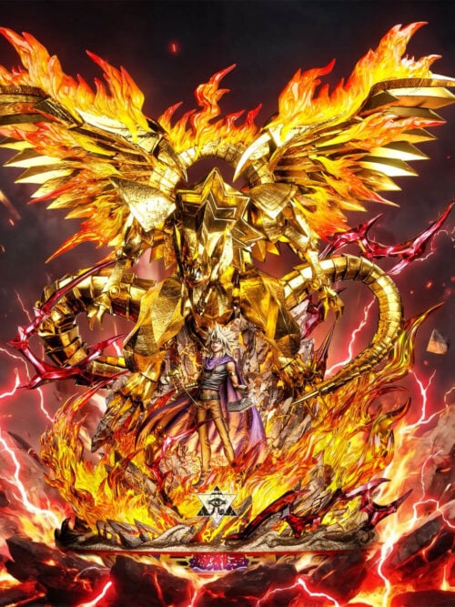 Deadman Studio Marik Ishtar and The Winged Dragon of Ra Yu-Gi-Oh! statue in a full front promotional view with flame-covered gold wings and a lava-cracked rock base