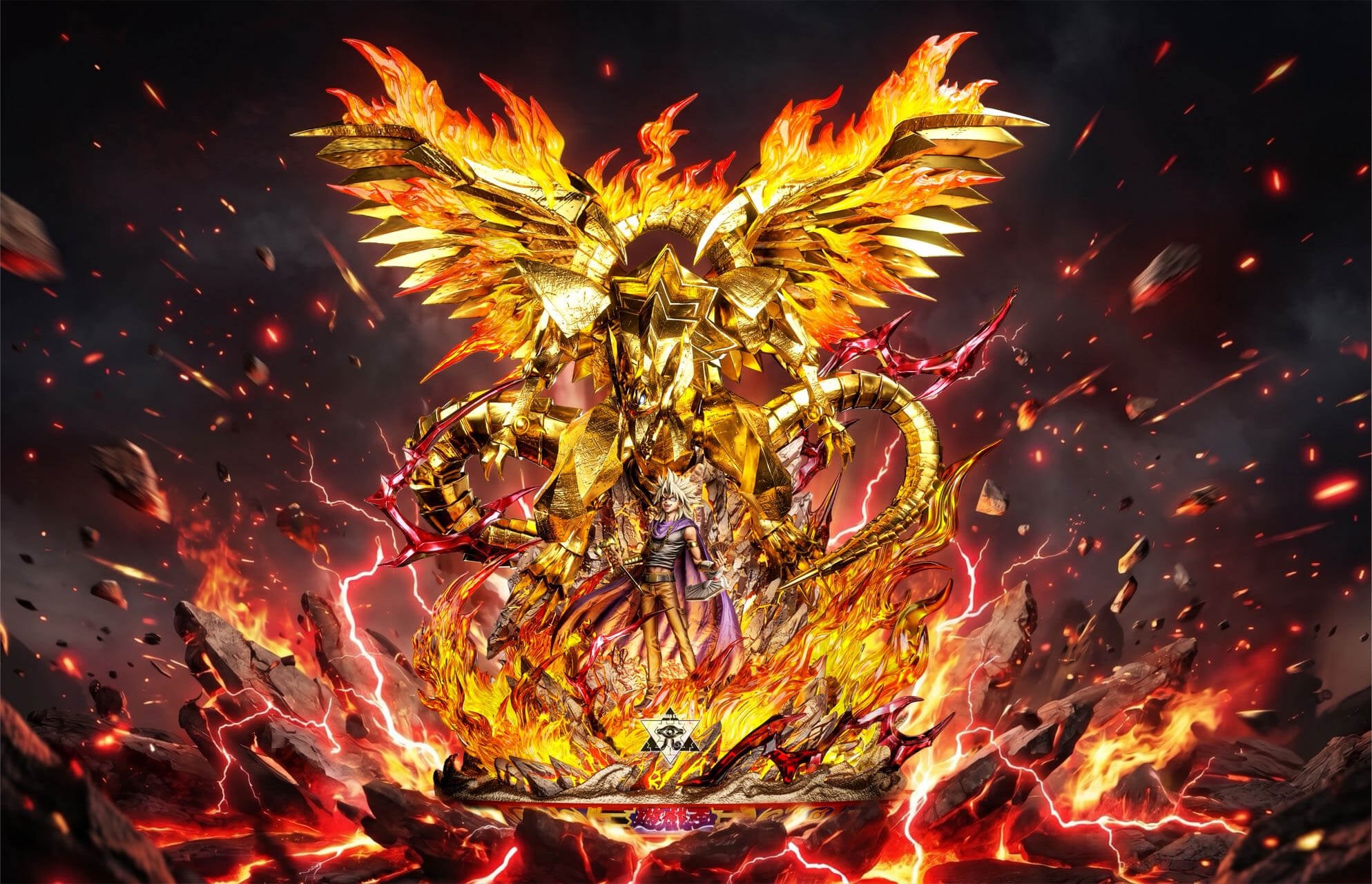 Marik Ishtar & The Winged Dragon of Ra Statue Full Front View Deadman Studio Marik Ishtar and The Winged Dragon of Ra Yu-Gi-Oh! statue in a full front promotional view with flame-covered gold wings and a lava-cracked rock base