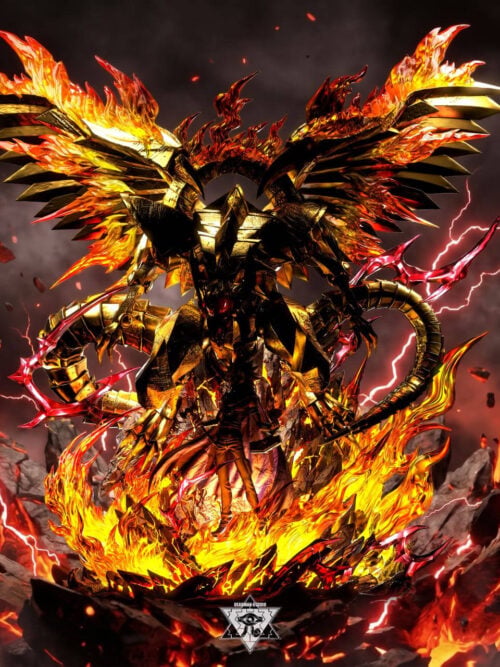 Full front view of the Marik Ishtar and The Winged Dragon of Ra statue in darkened lighting showing the illuminated base flames, wing flames, and glowing red dragon eyes