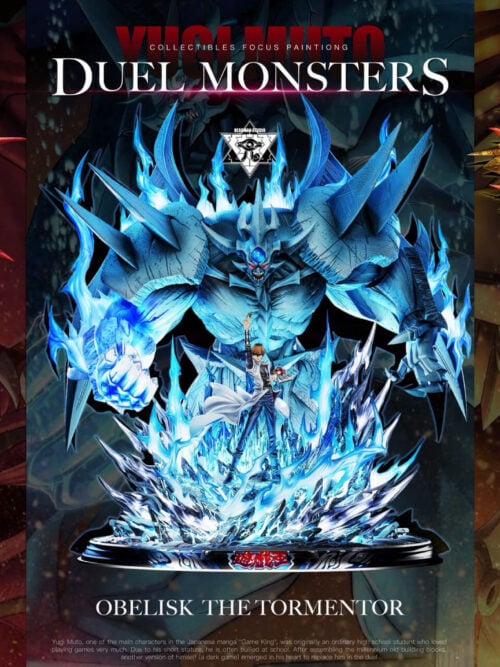 Reference lineup graphic showing The Winged Dragon of Ra statue alongside Slifer the Sky Dragon and Obelisk the Tormentor statues