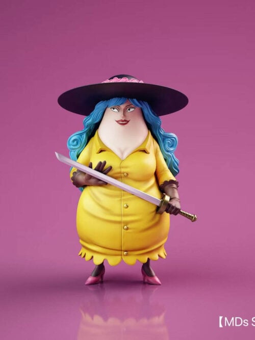 Front render of the MDS Studio Charlotte Mondee figure from One Piece Whole Cake Island Arc Vol. 35, standing in a yellow button-front dress and wide-brimmed black hat while holding a katana diagonally across her front against a pink background.
