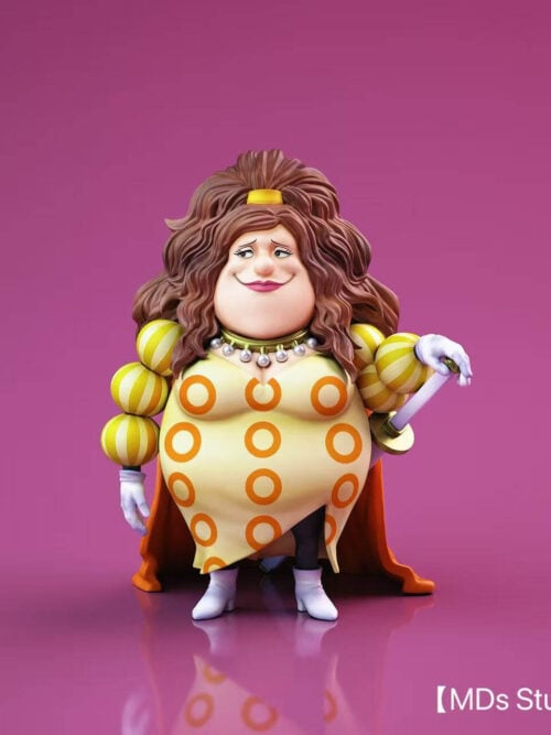 Front render of the MDS Studio Charlotte Mash figure from One Piece Whole Cake Island Arc Vol. 36 standing in a cream dress with orange ring patterns, yellow-and-white striped spherical sleeves, white gloves, and an orange cape with her left hand resting on a sword hilt against a pink background.