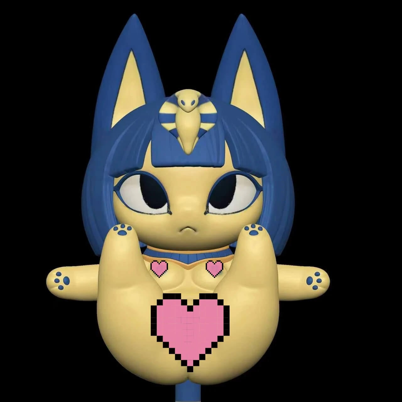 Ankha doll front view Front view of a cream Ankha cat figure on a black background, with a navy bob, tall pointed ears, yellow cobra headpiece, blue collar, outstretched limbs with blue paw pads, and pink pixel hearts on the chest and belly.