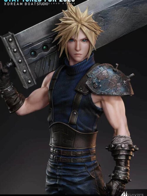 Upper body view of DreamBoat Studio Cloud Strife statue showing weathered pauldron, ribbed turtleneck, leather harness, and Buster Sword with green materia