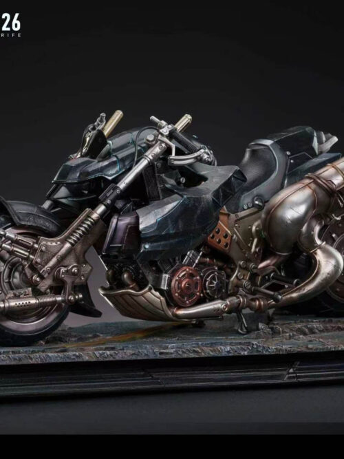 Full view of the weathered motorcycle with front armored cowling and dual rear exhaust pipes on the wide display base