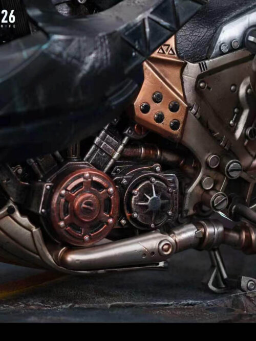 Close-up of the motorcycle engine block, weathered exhaust pipes, foot pegs, and kickstand on the Cloud Strife Supreme Version statue