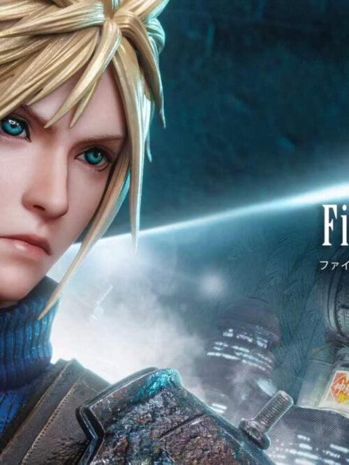 Promotional banner of DreamBoat Studio Cloud Strife statue portrait with Buster Sword and Final Fantasy VII Midgar background graphic