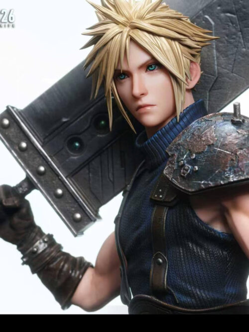 Close-up of Cloud Strife statue on a light background gripping the Buster Sword hilt with weathered shoulder armor and green materia visible