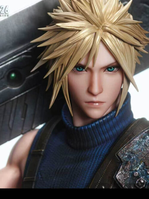 Close-up portrait of DreamBoat Studio Cloud Strife head sculpt with spiky blonde hair, weathered pauldron, and Buster Sword materia slots