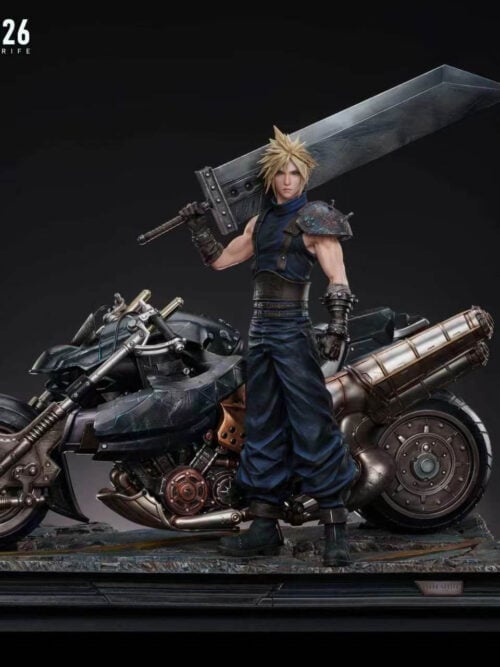 DreamBoat Studio Final Fantasy VII Cloud Strife 1/4 statue Supreme Version dimensions card with motorcycle, wide base, and soda can for scale