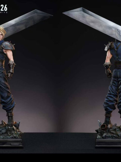 Front and back full-body views of DreamBoat Studio Cloud Strife Flagship Version statue on compact rubble base with dimensions 58 cm high by 37.4 cm wide