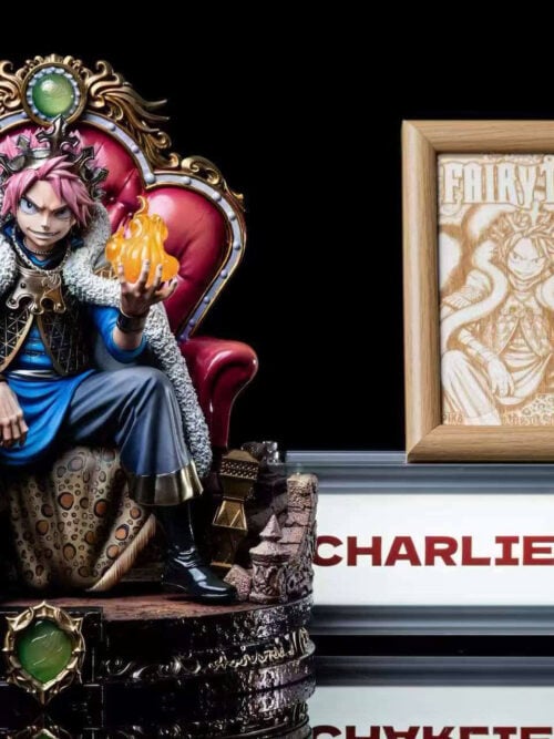 Front view of the Natsu Dragneel throne statue displayed next to the bonus wood-carved Fairy Tail Natsu art frame