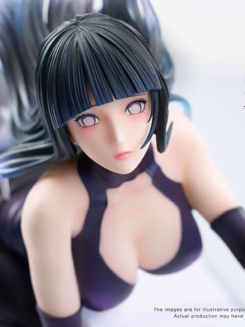 Close-up high-angle portrait of the HO Studio Hinata Hyuga figure showing her facial expression, straight bangs, cutout purple bodice, and raised gloved hand.