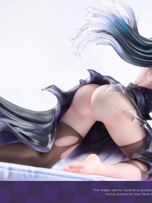 Rear right-side view of the HO Studio Hinata Hyuga figure kneeling on the cushioned mat, showing the trailing semi-translucent gown hem and torn stocking detail.