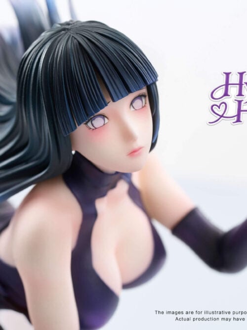 Angled upper-body view of the HO Studio Hinata Hyuga figure showing her face, wind-swept hair, purple halter gown, and raised gloved hand.