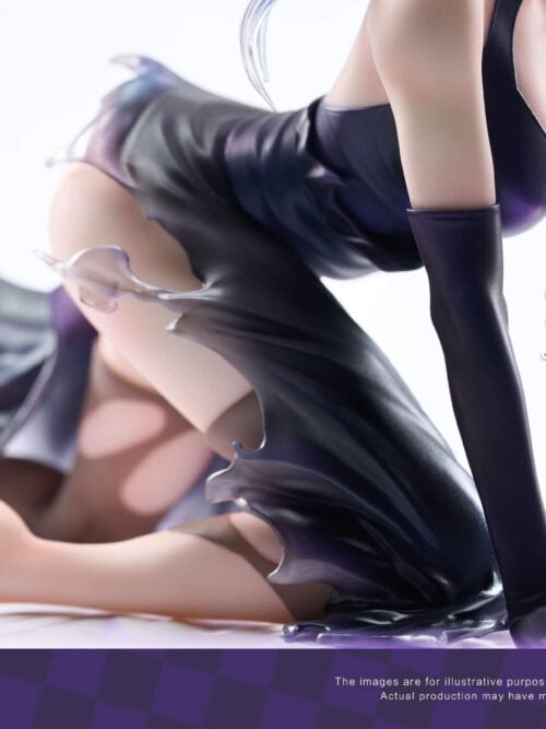 Right-side close-up of the HO Studio Hinata Hyuga figure's kneeling pose, showing her long purple glove on the mat, cutout gown, and bare foot.