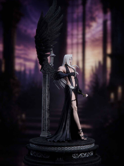 Side view of Sephiroth Sanctuary Twilight 1/6 scale statue by NekoNest Studio in Version B halter strap and high-slit skirt outfit with black wing, stone pillar, and pale rose