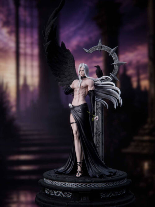 Front three-quarter view of Sephiroth Sanctuary Twilight 1/6 statue by NekoNest Studio with bare chest, long black high-slit skirt, long black gloves, black wing, and raven on a spiked ring pillar