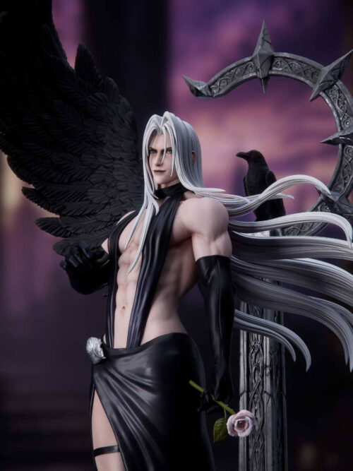 Upper-body view of Sephiroth Sanctuary Twilight 1/6 statue in Version B outfit with black chest straps, long silver hair, pale rose, black wing, and raven on the spiked pillar