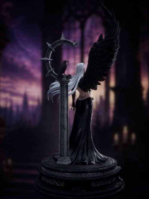 Rear view of Sephiroth Sanctuary Twilight 1/6 scale statue in Version B long black skirt showing the bare back, long silver hair, black feathered wing, and stone pillar with raven