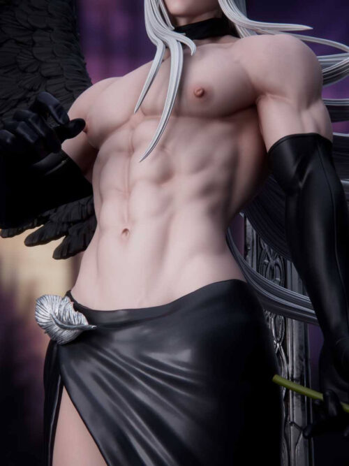Close-up of the bare muscular torso, long black gloves, and silver feather hip ornament on the black skirt of the Sephiroth Sanctuary Twilight 1/6 statue