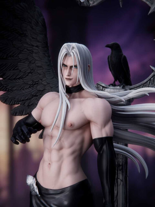 Upper-body portrait of Sephiroth Sanctuary Twilight 1/6 statue with bare chest, black choker, flowing silver hair, black wing, and raven on the spiked ring pillar