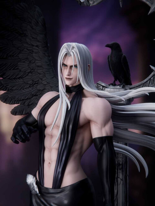 Close-up portrait of Sephiroth Sanctuary Twilight 1/6 statue wearing black halter chest straps and long black gloves with the black wing and perched raven behind him