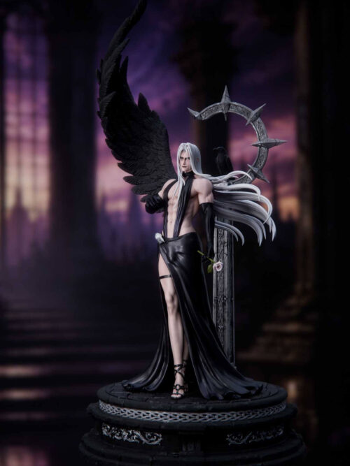 Full-length front three-quarter view of Sephiroth Sanctuary Twilight 1/6 statue in Version B outfit with black chest straps, high-slit skirt, black wing, pale rose, and stone pillar with raven