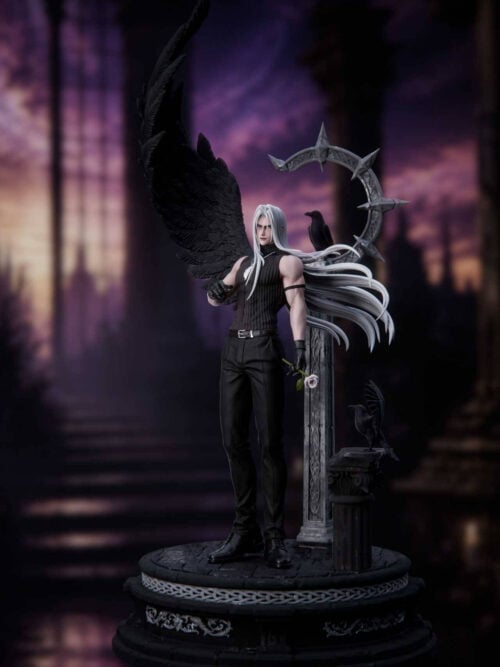 Sephiroth Sanctuary Twilight 1/6 scale statue by NekoNest Studio in Version A men's outfit with black sleeveless top, trousers, black wing, pale rose, stone pillars, and two ravens on a circular base