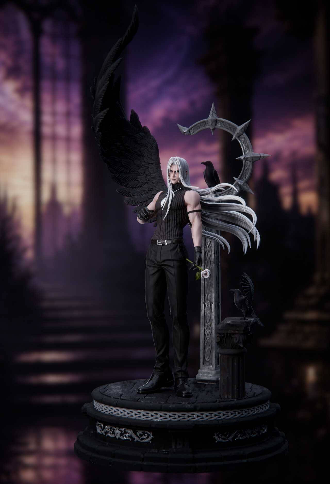 Sephiroth Sanctuary Twilight 1/6 Statue Version A Full View Sephiroth Sanctuary Twilight 1/6 scale statue by NekoNest Studio in Version A men's outfit with black sleeveless top, trousers, black wing, pale rose, stone pillars, and two ravens on a circular base