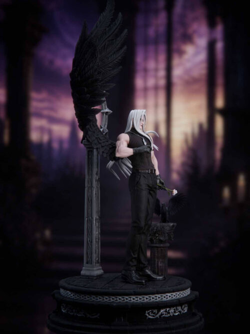 Side view of Sephiroth Sanctuary Twilight 1/6 scale statue in Version A men's outfit with black sleeveless top and trousers beside two stone pillars and ravens