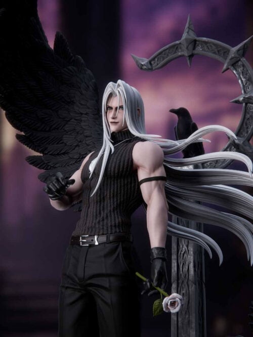 Upper-body view of Sephiroth Sanctuary Twilight 1/6 statue in Version A black sleeveless ribbed top and trousers holding a pale rose with black wing and raven behind him