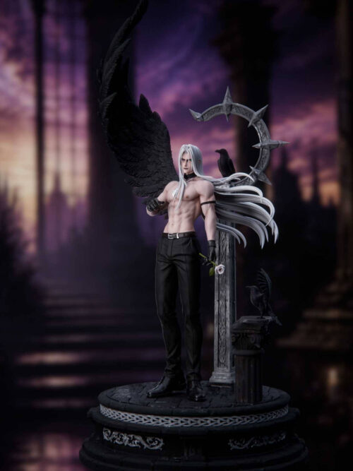 Full-length view of Sephiroth Sanctuary Twilight 1/6 statue in Version A black trousers with bare chest, feather pendant, black wing, pale rose, and two ravens on stone pillars