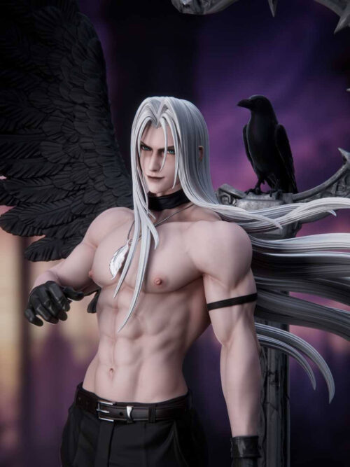 Upper-body portrait of Sephiroth Sanctuary Twilight 1/6 statue with bare chest, silver feather pendant, black arm band, and belted black trousers in front of a raven and spiked pillar