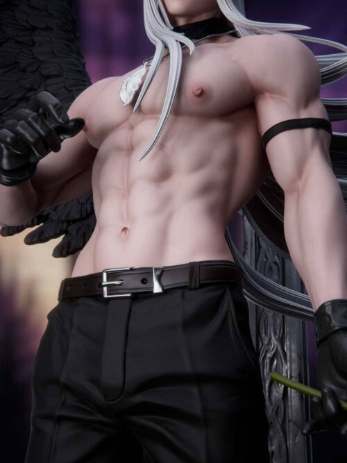 Close-up of the bare muscular torso, silver feather pendant, short black gloves, and belted black trousers of the Sephiroth Sanctuary Twilight 1/6 statue