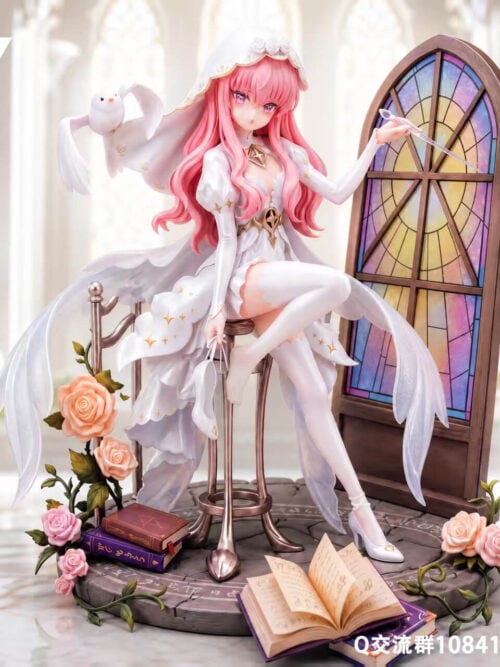 Full view of the IM Studio 1/6 scale Louise Francoise Le Blanc de La Valliere statue seated on a tall stool in a white dress and veil with a white bird, holding a wand toward a stained-glass window and a shoe above a round base with books and roses.