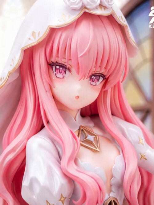 Close-up of Louise Francoise Le Blanc de La Valliere's face and upper torso showing her pink hair, pink eyes, white wedding veil with gold trim and white roses, and gold star brooch at the neckline.