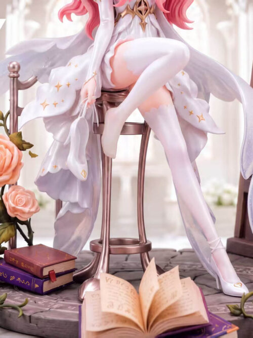 Close-up of the lower half of the Louise statue showing her crossed legs in white stockings, one hand dangling a white high-heeled shoe, the ruffled skirt with gold stars, the tall stool, and the stone base with roses and books.