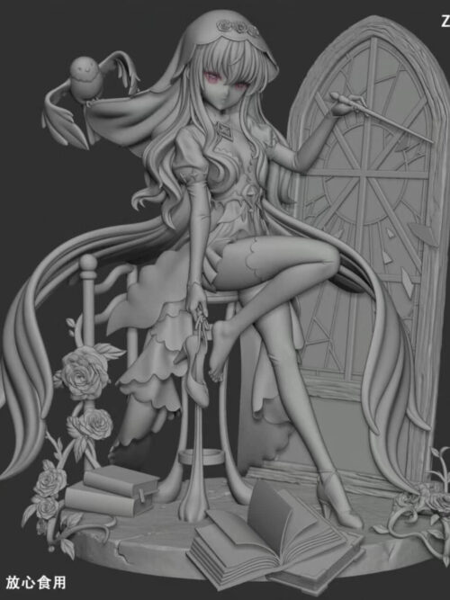 Grayscale ZBrush digital sculpt preview of the full Louise Francoise Le Blanc de La Valliere statue seated on a stool before an arched window frame with a bird on her veil, roses, and books on the base.